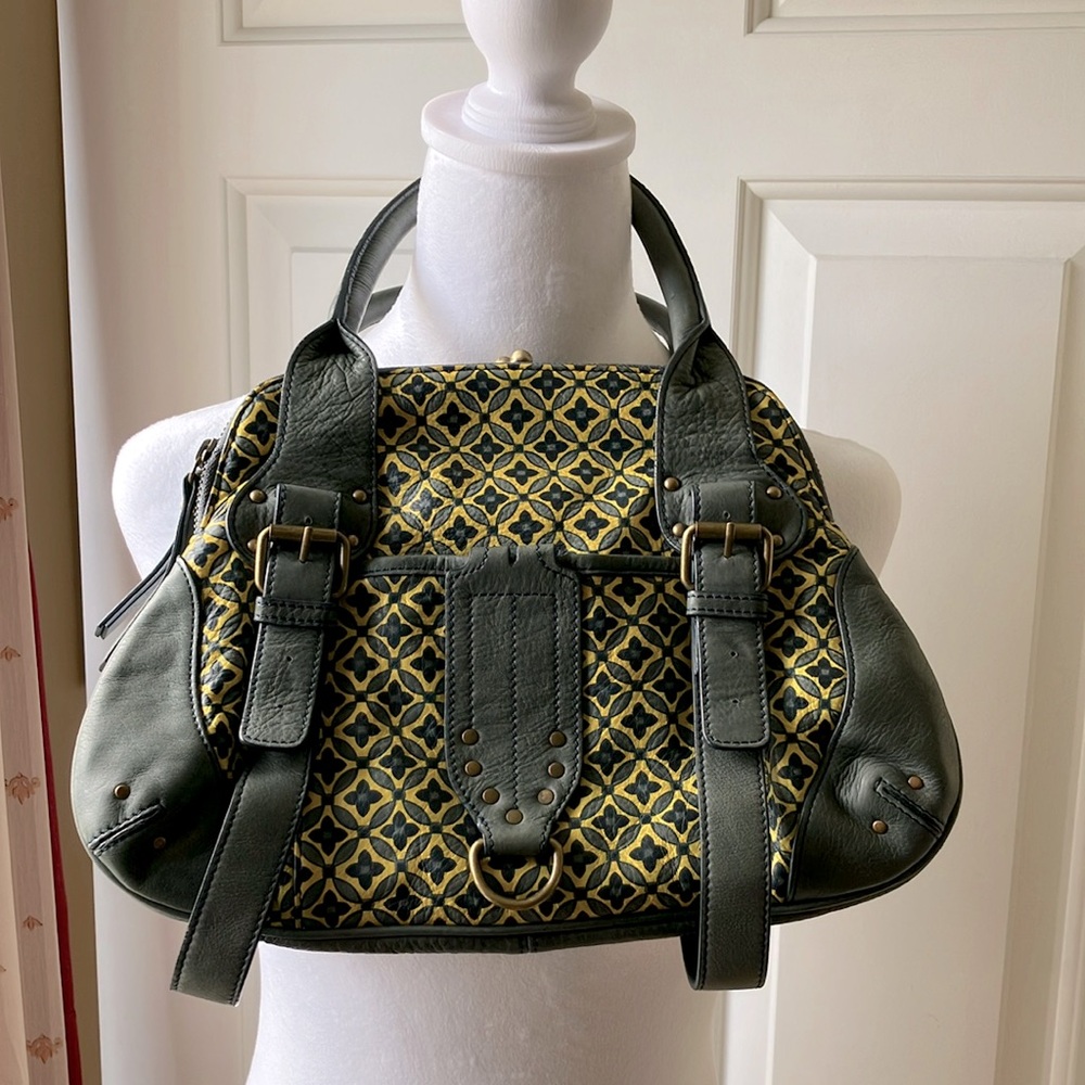 Hayden-Harnett Vintage All Leather Satchel Purse Yellow/Gray